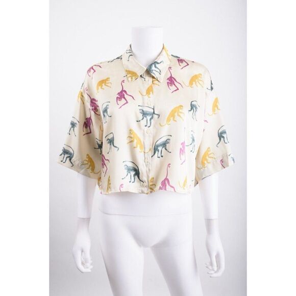 Zara Womens Monkey Animal Print Shirt Crop Top Safari Zoo S Multicolor NWT - Picture 1 of 8